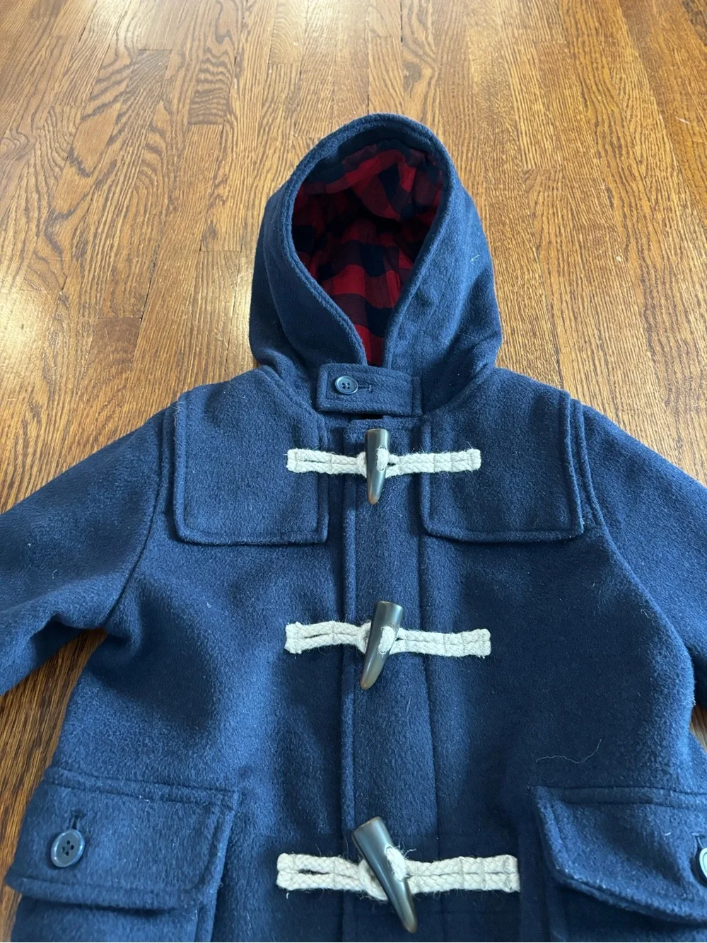 Baby GAP - Navy wool blend Pea Coat with Toggles and Red Plaid hood Lining